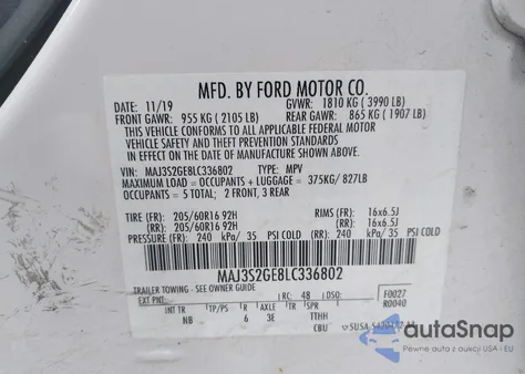 2020 Ford Ecosport Se z USA, uszkodzony, nr VIN MAJ3S2GE8LC336802